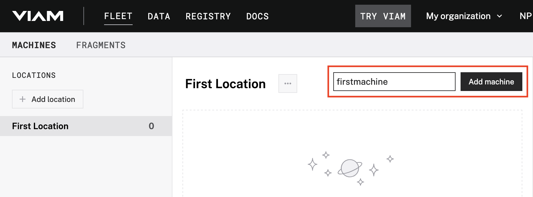 The ‘First Location’ page on the Viam app with a new machine name in the New machine field and the Add machine button next to the field highlighted.